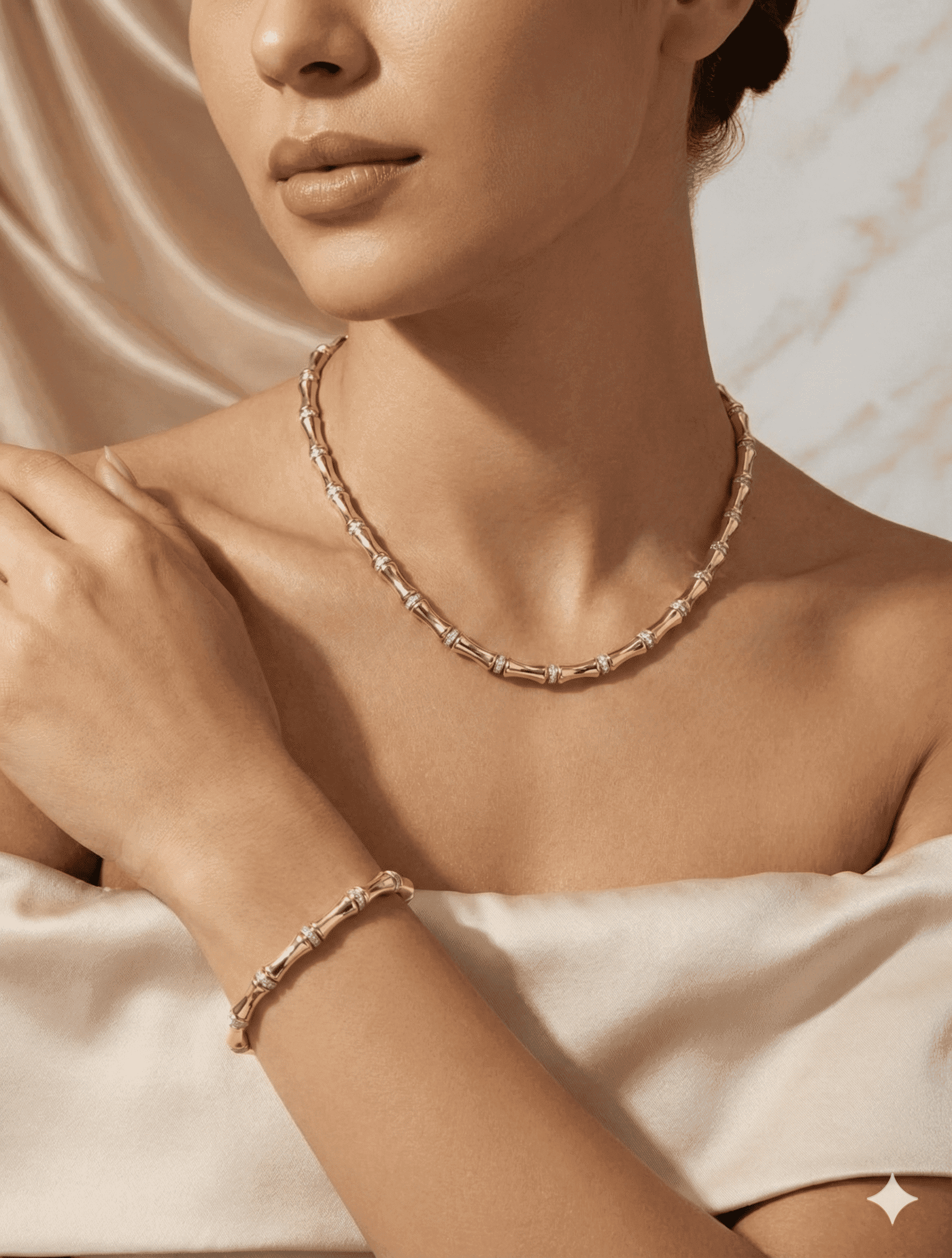 Dolena Tarzı Bambu Serisi: Taşlı 22 Ayar Altın Kaplama Kolye ve Bileklik Kombin Set