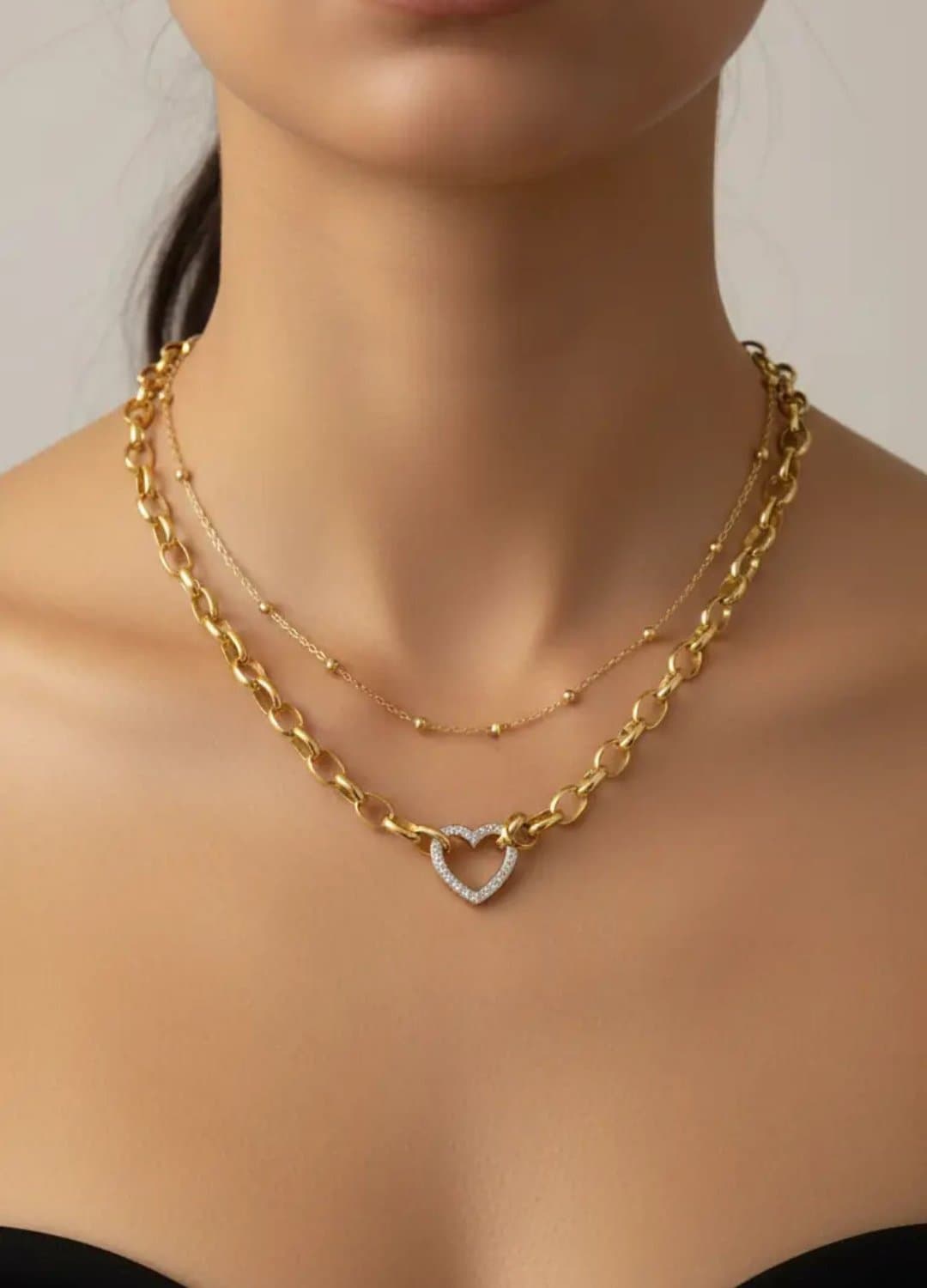 Gold İkili Zincir Kombinli Kalp Kolye - Zirkon Taşlı Geçmeli Kalın Kolye