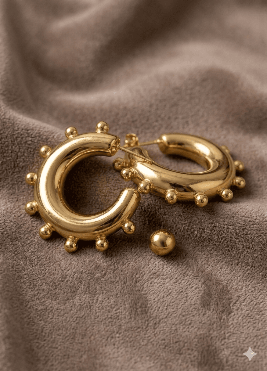 Xuping Gold Vintage Halka Küpe - Pütürlü Top Detaylı Kalın Halka