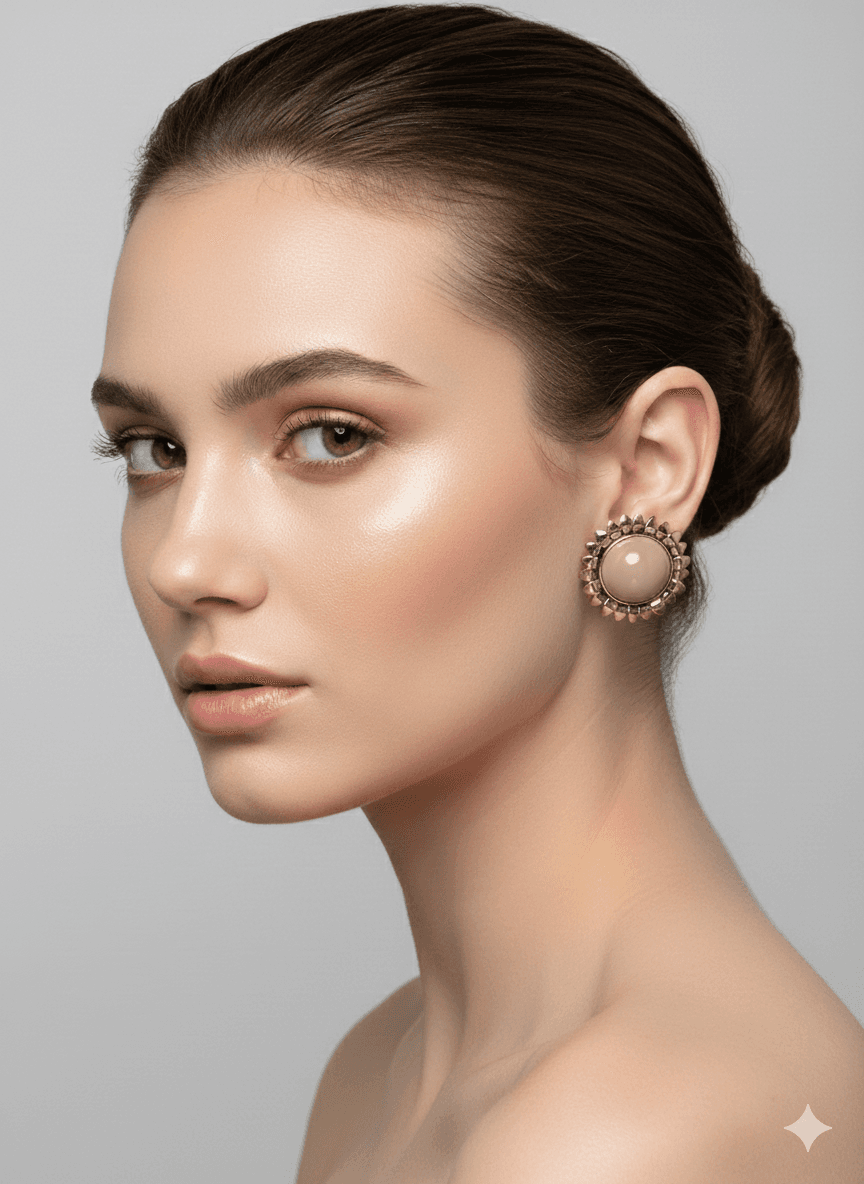 Vintage Tasarım Altın Kaplama Bej Kabaşon Taşlı ve Güneş Formlu Büyük Küpe