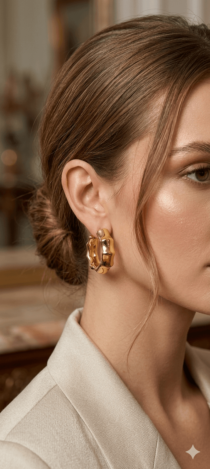 Xuping Gold Bambu Model Halka Küpe - Boğumlu Modern Tasarım