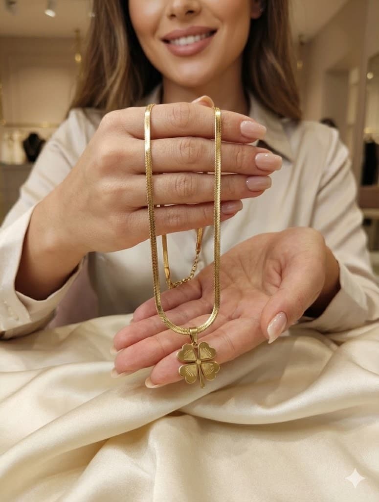 Stainless Steel Kararmaz Altın Kaplama Işıltılı Yonca Uçlu Yassı Zincir Kolye