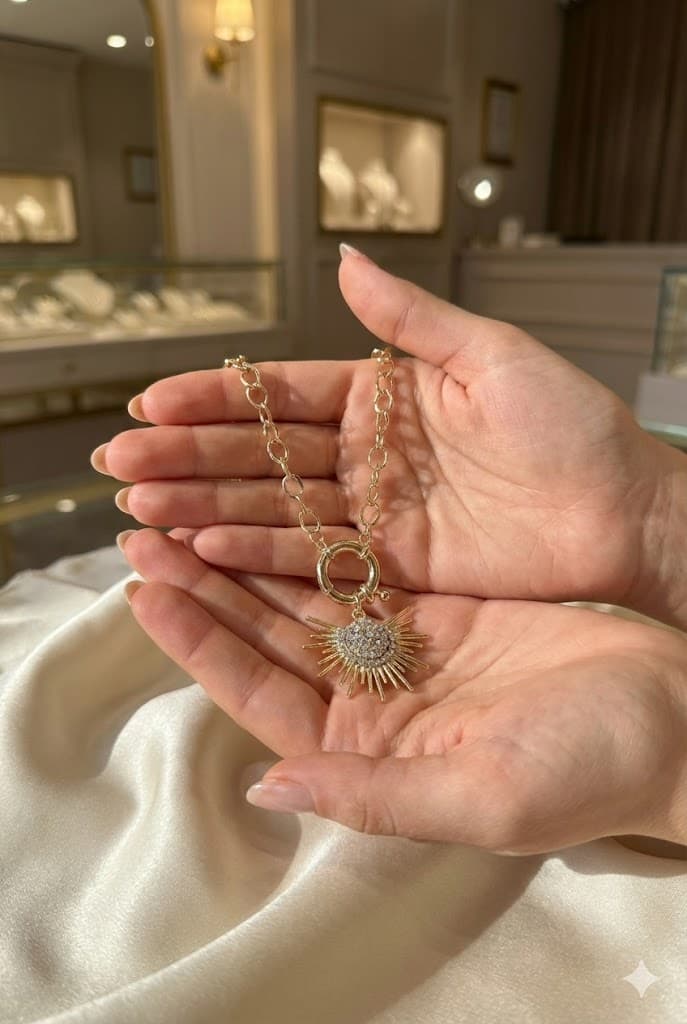 Altın Kaplama Kalın Halka Zincirli Kutup Yıldızı Kolye – Zirkon Taşlı