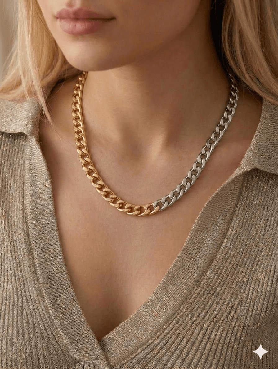 Mix Renk Gurmet Zincir Kolye - Yarı Gold Yarı Gümüş Çelik Kolye