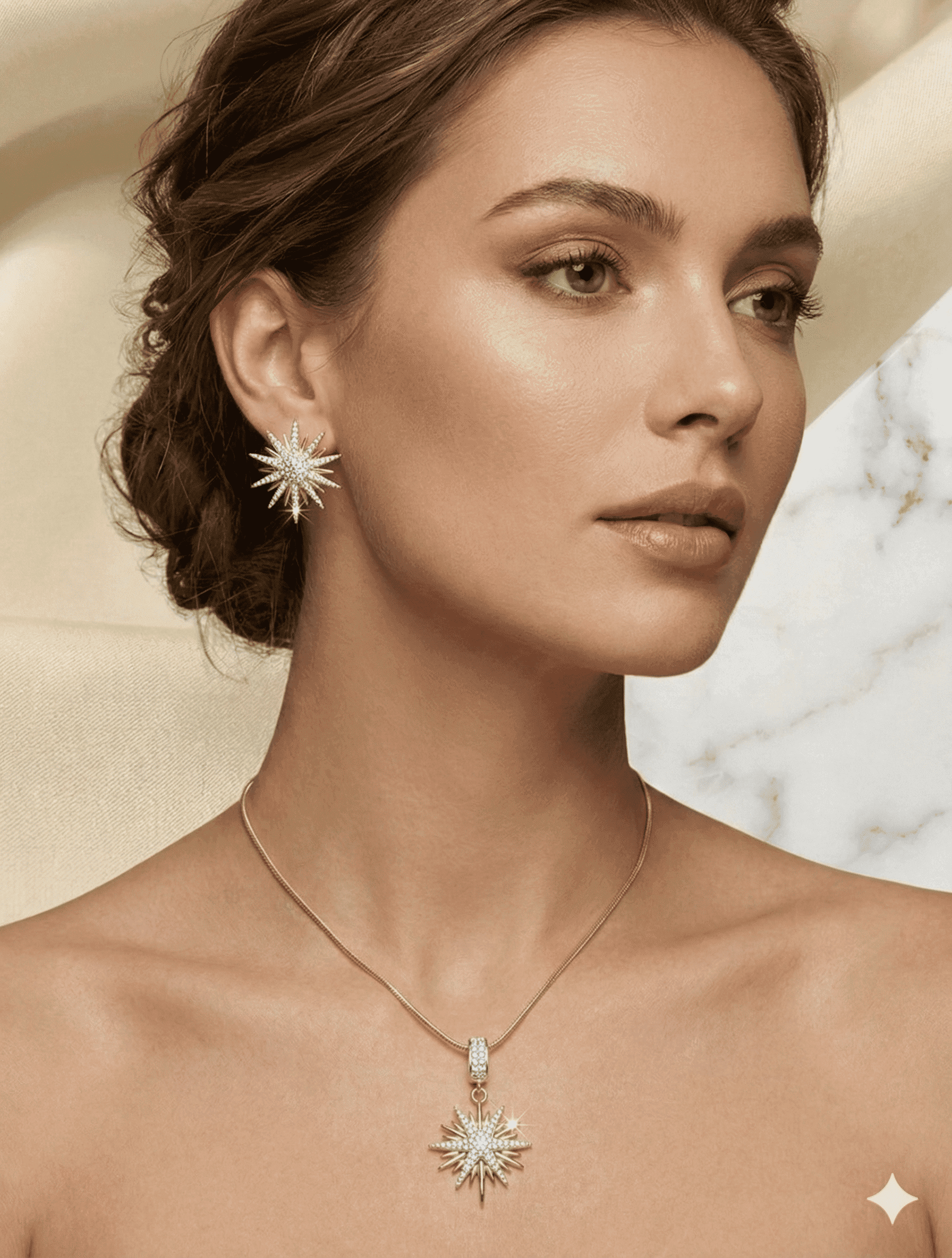 Dolena Tarzı Işıltılı Kutup Yıldızı Serisi: Zirkon Taşlı 22 Ayar Altın Kaplama Kolye ve Küpe Kombin Set