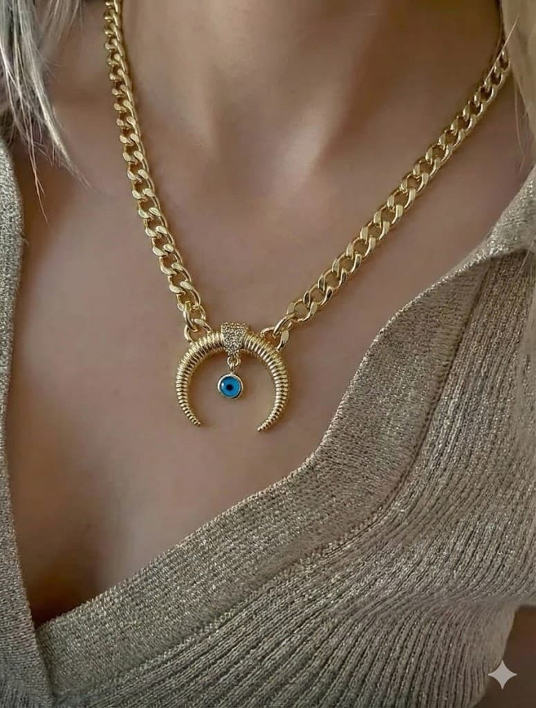 Nazar Boncuklu Hilal Kolye - 22 Ayar Altın Kaplama Gurmet Zincir Tasarım