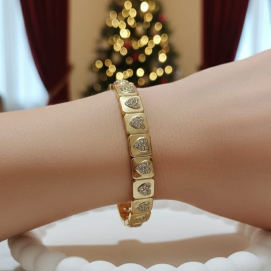 Stainless Steel 20 cm Altın Kaplama Lastikli Kalp Motifli Taşlı Bileklik