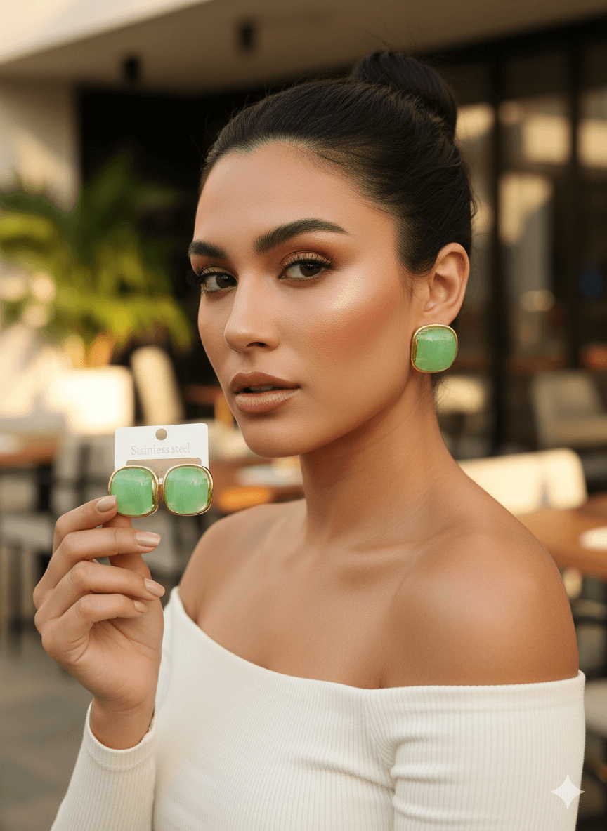 Stainless Steel Çelik Yeşil Taşlı VIP Küpe